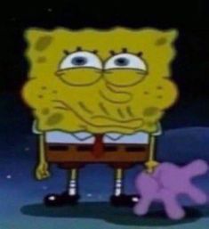 the spongebob is standing next to a pink dog in front of a dark background