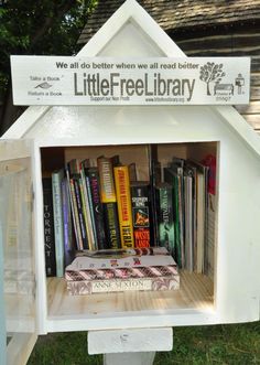 there is a little library with books in it