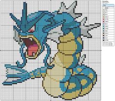 a cross stitch pattern of a blue and yellow pokemon