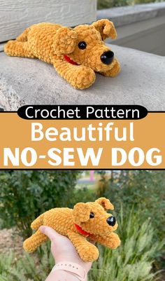 a hand holding a stuffed dog with the words crochet pattern beautiful no sew dog