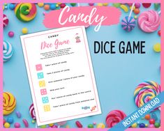 the candy dice game is on display with colorful candies and lollipops