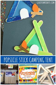 popsicle stick camping tent craft for kids to make with construction paper and wood sticks