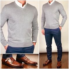 Sweater Outfits Men, Mens Business Casual Outfits, Sweater Outfit, Brown Shoes, Business Casual Men, Gray Sweater