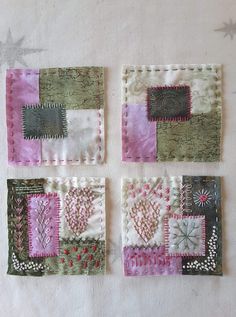 four square pieces of fabric with different designs on them