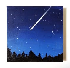 an acrylic painting of a night sky with stars and a shooting star above the trees