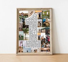 a collage of photos is displayed in a wooden frame on a table next to a white wall