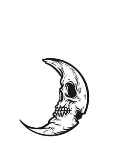 a black and white drawing of a half moon with a skull on it's side