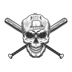 a skull wearing a baseball cap with two bats