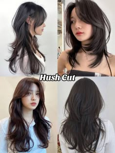 Women’s Hairstyles - Aesthetic Hairstyles - Trendy Haircuts - Hairstyle Inspirations Different Kinds Of Haircuts For Women, Chin Framing Layers, Jellyfish Cut Long Hair, Wolf Cut Hair Long Round Face, Hush Cut Vs Wolf Cut, Hushcut Haircut, Hush Cut Round Face, Types Of Layered Haircut, Asian Haircuts Female