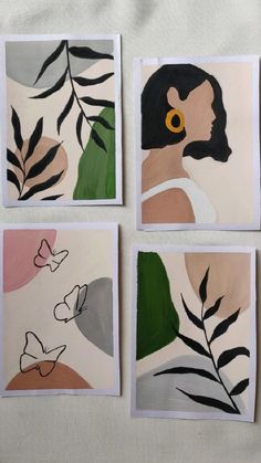 four paintings with different shapes and sizes on white paper, each depicting a woman's face