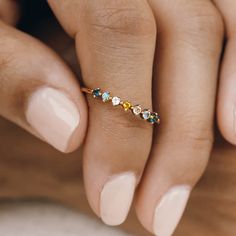 This gold gemstone ring features 7 hand-set stones in beach-inspired hues. Whimsical yet chic, this multi-gemstone ring can be worn on its own or stacked with other rings.
 Size: 3, 4, 5, 6, 7, 8, 9, 10 Linjer Jewelry, Multi Gemstone Ring, Mother Rings, Gold Gemstone Ring, Gold And Silver Rings, Trendy Ring, Big Rings, Detailed Ring, Sustainable Jewelry