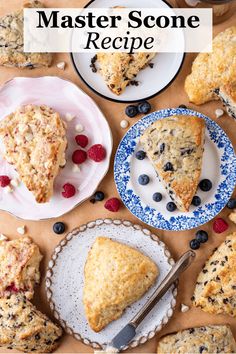 blueberry scone recipe on a table with berries and other desserts around it