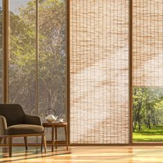 a living room filled with furniture and windows covered in bamboo blinds that look out onto a park