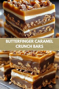 three different types of caramel crunch bars stacked on top of each other