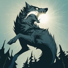 an illustration of a wolf jumping in the air with its mouth open and sun shining behind it