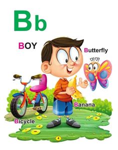 a boy is standing in front of a butterfly and bike with the letter b on it