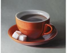 a painting of a cup and saucer with marshmallows on the saucer