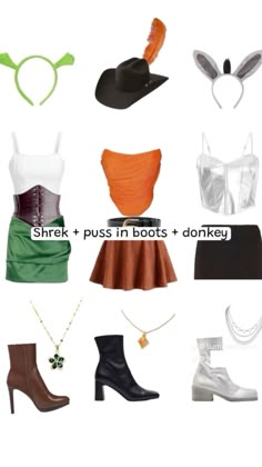 several different types of clothes and accessories on display with the caption shrk plus in boots + donkey