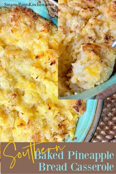 Golden pineapple casserole in turquoise bowl. Pineapple Bread Casserole, Pineapple Cornbread, Pineapple Bread Recipe, Bbq Ham, Turkey Bbq, Pineapple Bread Pudding, Casserole With Cheese, Bread Casserole, Easter Side Dishes Recipes