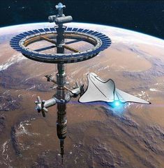 an artist's rendering of a space station in the middle of earth, with a satellite vehicle attached to it