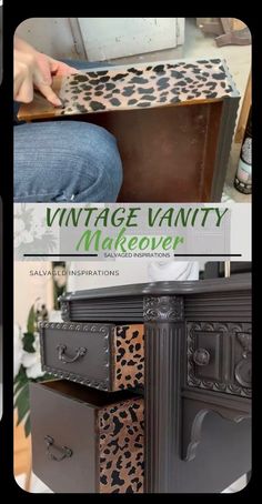 vintage vanity makeover with leopard print paint and black glaze on the top, bottom and bottom