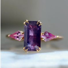 Types Of Gemstones Engagement Rings, Ring With Pink Diamond, Non Traditional Engagement Rings, Purple Wedding Rings, Gem Breakfast, Unconventional Engagement Rings, Emerald Cut Sapphire Ring, Gem Engagement Rings