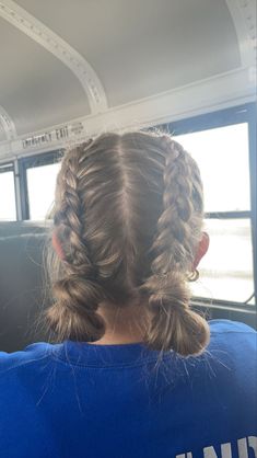 Meet Day Hairstyles, French Braid Space Buns Low, Volleyball Hairstyles Pigtails, Fnl Hairstyles, Football Game Hair, Track And Field Hairstyles, Hairstyles With Two Braids, Hair Styles For Swimming, Game Day Hairstyles