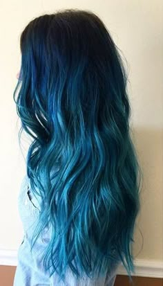 Dark Blue to Light Blue Ombre on Long Hair Long Ombre Hair, Balayage Blonde, Ombre Hair Color, Dye My Hair