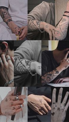 a collage of photos with different tattoos on their hands and fingers, including one man's hand holding a cell phone