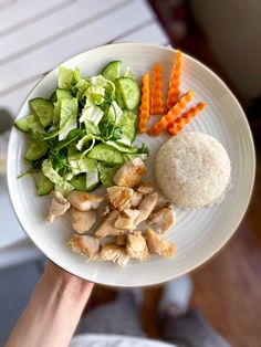 a person holding a plate with rice, carrots and lettuce on it