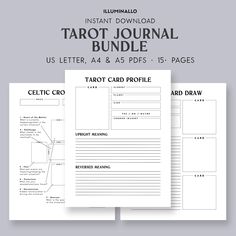 the ultimate tarot journal bundle with instructions and printables for each page, including two