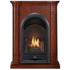 a wood burning fireplace with an open flame