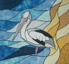 a painting of a pelican floating in the ocean with waves and sun rays