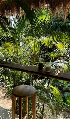 a wooden stool sitting on top of a balcony next to palm trees and water in the background