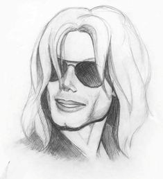 a pencil drawing of a woman with sunglasses on her face and long hair, looking straight ahead