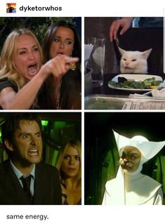 four different pictures of people and cats in the same photo, one is pointing at something