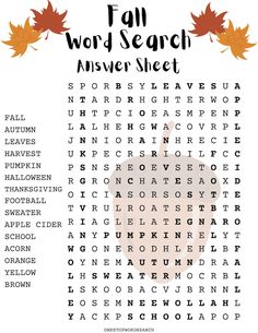 the fall word search is shown with leaves