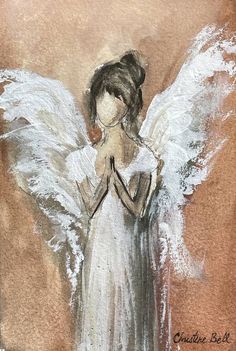 an angel with white wings is standing in front of a brown and orange background,