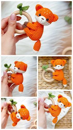 there is a small crocheted teddy bear holding a branch in it's hands