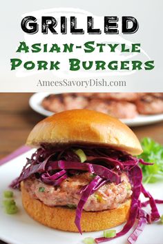 These grilled Asian-style pork burgers are juicy and flavorful made with ground pork, garlic, ginger, sesame oil, green onions, and spices topped with a simple red cabbage slaw. #grillrecipes #burgers #porkburgers #asianrecipes Pork Burgers Recipes, Soup And Salad Combo, Red Cabbage Slaw, Asian Pork, Asian Slaw, Cabbage Slaw, Food Favorites, Mediterranean Dishes, Fun Easy Recipes