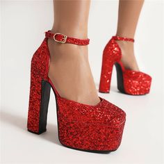 Shop Red Glitter D'orsay Pumps Sequin Block Heels Ankle Strap Dresses Shoes color Red for Going out, Hanging out, Honeymoon with worldwide Free shipping & Free return. Red Round Toe Heels For Party, Christmas Party Pointed Toe Heels, Holiday Prom Heels With Sequins, Red High Heels For Christmas, Sequin Heels For Prom And Holiday, Holiday Sequin Heels For Prom, Sequined Holiday Prom Heels, Red Closed Toe Heels For Party, Holiday Party Block Heel Shoes