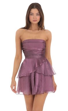 Petal Ruffle Strapless Dress in Purple | LUCY IN THE SKY Purple Hoco Dress, Jumpsuit Outfit Ideas, Strapless Ruffle Dress, School Dance Dresses, Cute Homecoming Dresses, Women's Outfits, Prom Dress Inspiration, Jumpsuit Outfit, Cute Prom Dresses