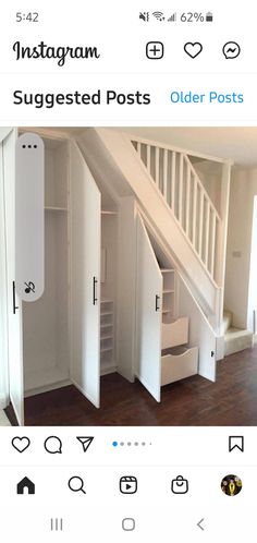 an instagram photo of someone's closet under the stairs in their house,