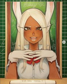 a drawing of a girl with bunny ears on her head and hands over her chest