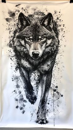 a black and white drawing of a wolf with watercolor splatters on it