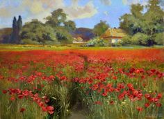 an oil painting of red flowers in a field with houses and trees in the background