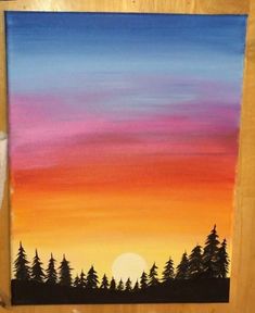 an acrylic painting of a sunset with trees