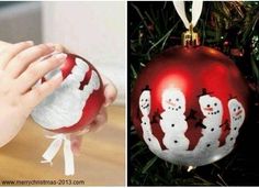 two pictures one is red and the other has white snowmen on it, hanging from a christmas tree