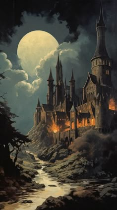 a painting of a castle in the night