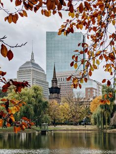 the city is surrounded by tall buildings and trees with autumn leaves in front of it